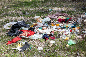 Illegal dumping of household rubbish on spring meadow