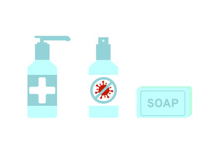 A set of hand products, soap, an antiseptic with a dispenser, a disinfectant spray. Vector illustration, flat cartoon minimal multicolored design, isolated on white background, eps 10.