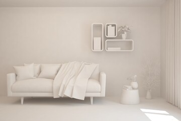 White minimalist living room with sofa. Scandinavian interior design. 3D illustration
