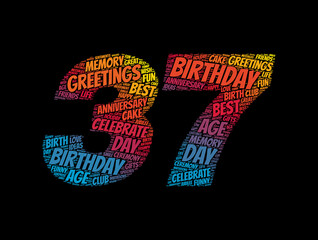 Happy 37th birthday word cloud, holiday concept background