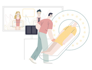 Medical tests illustration - magnetic resonance tomography - modern flat vector concept digital illustration of mri procedure - a patient in the scanner and doctor, medical office or laboratory