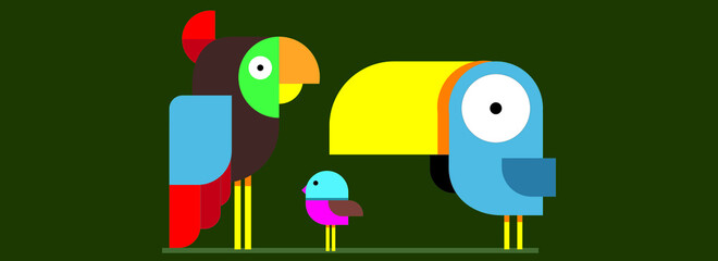 Wood pecker,Parrot and sparrow. Three color birds in different sizes isolated on green background.