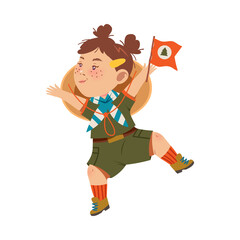 Cute Girl as Junior Scout Holding Flag and Jumping with Joy Vector Illustration