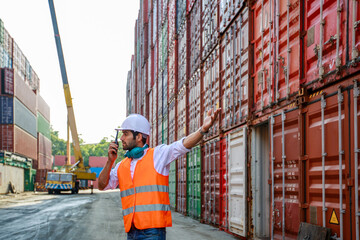 young harbor worker talking on the walkie-talkie at container warehouse