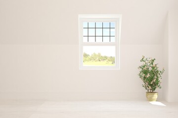 White empty room with summer landscape in window. Scandinavian interior design. 3D illustration