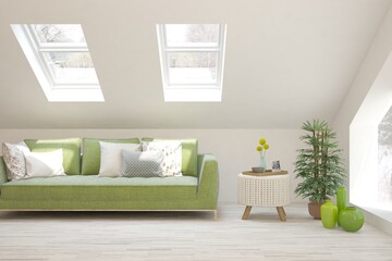 Obraz premium White living room with sofa. Scandinavian interior design. 3D illustration