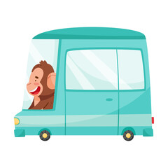 Smiling Monkey with Protruding Ears Driving Van or Mini Bus Vector Illustration
