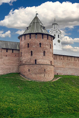 Fortress wall, tower and bell tower. Kremlin in the city of Novgorod, Russia