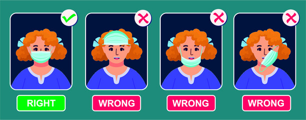 How to wear medical face mask properly. Instruction for personal hygiene during coronavirus. girl characters wearing right and wrong way of surgical mask or face covering.