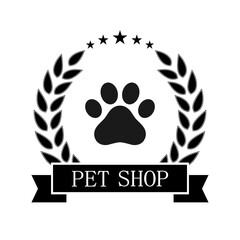 illustration of a logo of a store for animals. Dog paw in a laurel wreath with a banner on a white background.