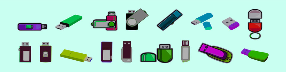 set of pen drive cartoon icon design template with various models. vector illustration isolated on blue background