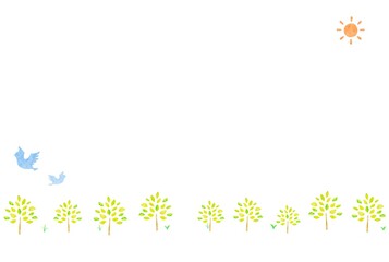 Obraz premium 木々と鳥の水彩イラスト