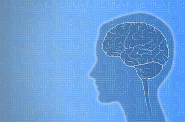 Concept illustration showing the human brain, a silhouette of a human head, surrounded by electrical circuit board pattern. 