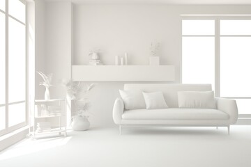 White minimalist living room with sofa. Scandinavian interior design. 3D illustration