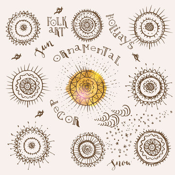 Hand drawn folk art ornamental sun set.