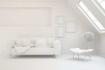 White minimalist living room with sofa. Scandinavian interior design. 3D illustration