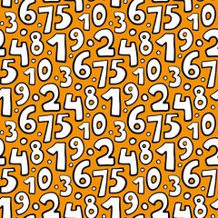 White sketch numbers isolated on orange background. Cute cartoon seamless pattern. Vector flat graphic hand drawn illustration. Texture.