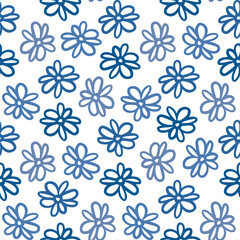 Beautiful blue cartoon flowers isolated on white background. Cute floral seamless pattern. Vector flat graphic hand drawn illustration. Texture.