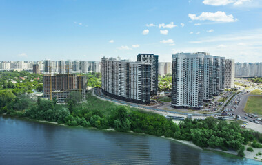 Aerial view of city district on riverside