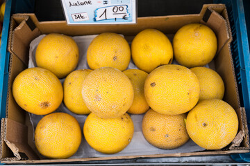 yellow melons in paper box on the market for 1 euro.