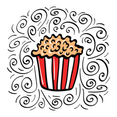 Hand drawn popcorn with decoration. Vector illustration.