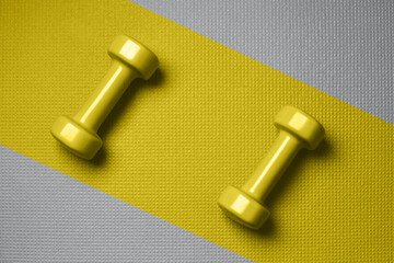 Yellow color dumbbells on the gray mat