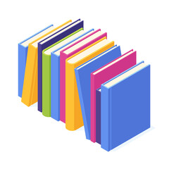 Stack of standing paper books with hard cover isometric.
