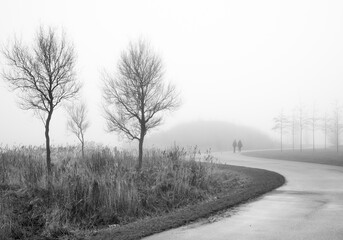A couple disappearing into fog on a curved road between few tree silhouettes in black and white