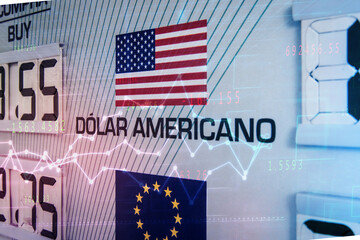 view of bill of exchange house with variation of money, dollar, euro, japanese yen, with graph of variation of costs in modern colors