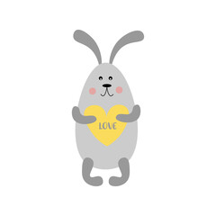 Kids cartoon illustration of a cute bunny. Ultimate gray and yellow colors. Valentine's day. Baby valentine. Baby shower. Rabbit. Love.