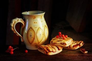 Still Life with Jug, Viburnum and Puff Pastry Cakes