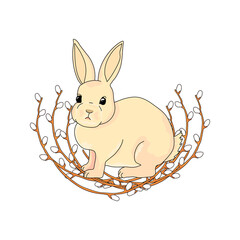 The rabbit sits on the willows. Greeting card for Easter. Hand drawing of an animal. Illustration in pastel shades. Vector illustration.