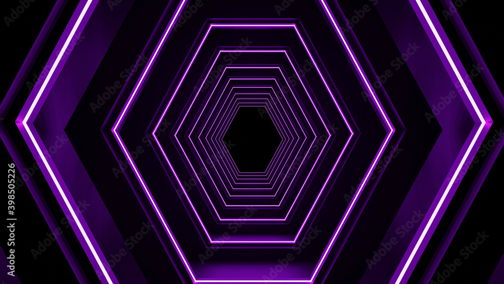 Poster 3d rendering of hexagonal abstract neon tunnel