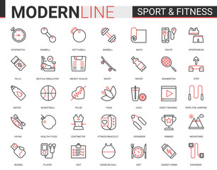 Fitness healthy lifestyle flat thin red black line icon vector illustration set with athletic sportive equipment outline symbols for sport exercises and yoga activity, training and healthcare diet