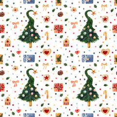 Seamless texture of watercolor christmas elements. Bright New Year's print with christmas tree, gifts and gingerbreads on white background - 398505426