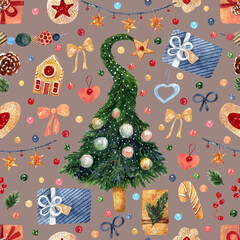 Seamless texture of watercolor christmas elements. Bright New Year's print with christmas tree, gifts and gingerbreads - 398505491