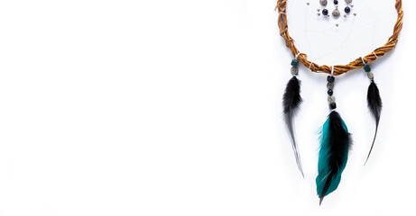 Banner on a white background with space for text on the left. A unique mystical dream catcher made...
