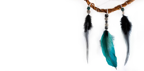 White banner with space for text on the left. The lower part of the dream catcher, made of willow...