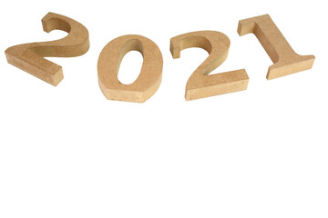 2021 new year greeting card. 2021 wooden numbers, isolated on white background.