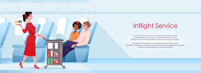 Inflight service, cartoon stewardess serving people passengers on airplane board during flight