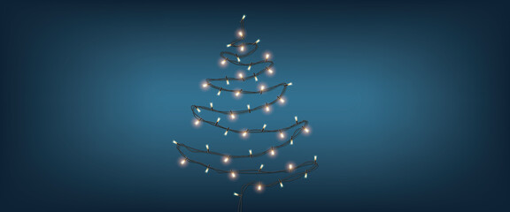 Twinkle lights in christmas tree shape on blue background. Merry Christmas and Happy Holidays greeting card, banner, frame. Tree Garland . new year