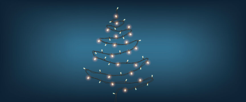 Twinkle lights in christmas tree shape on blue background. Merry Christmas and Happy Holidays greeting card, banner, frame. Tree Garland . new year
