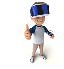 Fun 3D illustration of a cartoon kid with a VR helmet