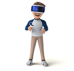 Fun 3D illustration of a cartoon kid with a VR helmet