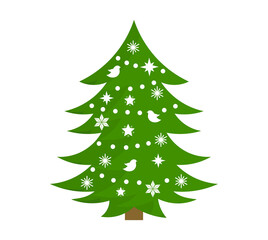 Green Christmas tree decorated with white ornaments.