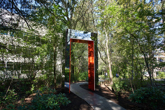 Beaverton, Oregon, USA - Apr 30, 2019: The "Respect" gate in a lush green wooded area at Nike World Headquarters.