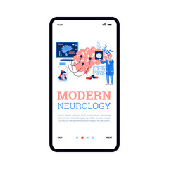 Vector mobile app on phone screen with concept of medical diagnostic, research, treatment of neurology disease in modern hospital. Doctor neurologist study mri scan of human brain.