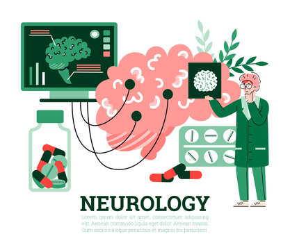 Doctor neurologist study pictures eeg scans of brain patient. Concept of medical diagnostic, research and treatment of neurology disease. Vector illustration with text.