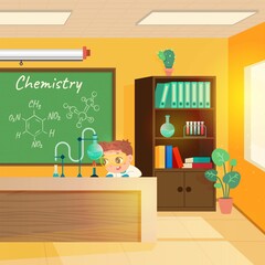 Boy doing chemistry experiment in classroom. Education in school vector illustration. Kid in glasses warming flask by fire at school desk. Blackboard with chalk, bookcase background
