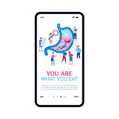 Onboarding app screen for stomach diseases information and medical support, flat cartoon vector illustration. Mobile page with tiny people around huge stomach sign.